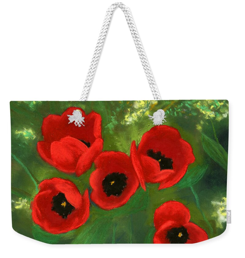 Tulips Weekender Tote Bag featuring the painting Five Redheads by Ginny Neece