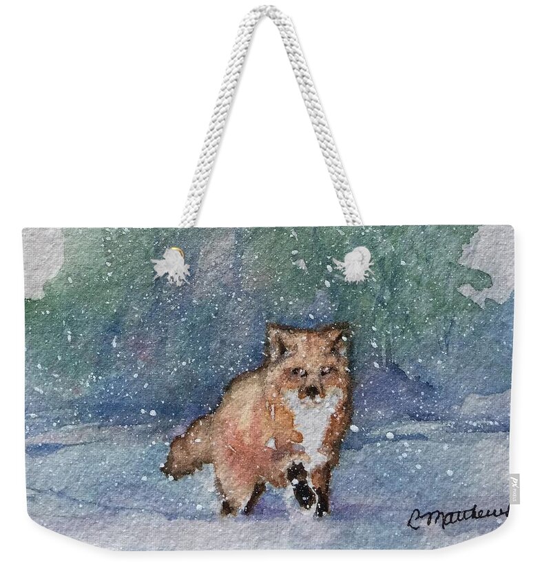 Christmas Cards By Rebecca Matthews Weekender Tote Bag featuring the painting Fox in snow by Rebecca Matthews