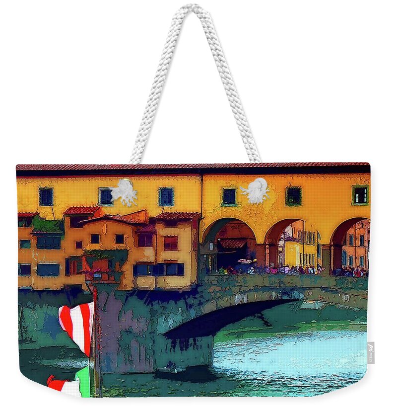 Wall Décor Weekender Tote Bag featuring the photograph Flags at Ponte Vecchio Bridge by Coke Mattingly