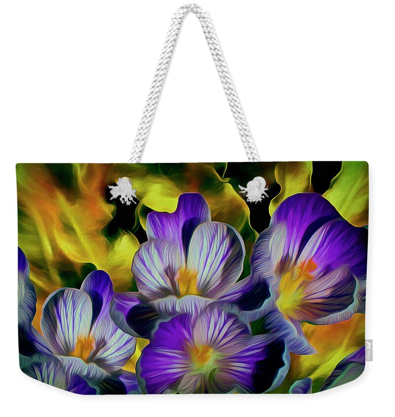 Abstract Weekender Tote Bag featuring the mixed media Flaming Leaves and Crocuses 10 by Lynda Lehmann