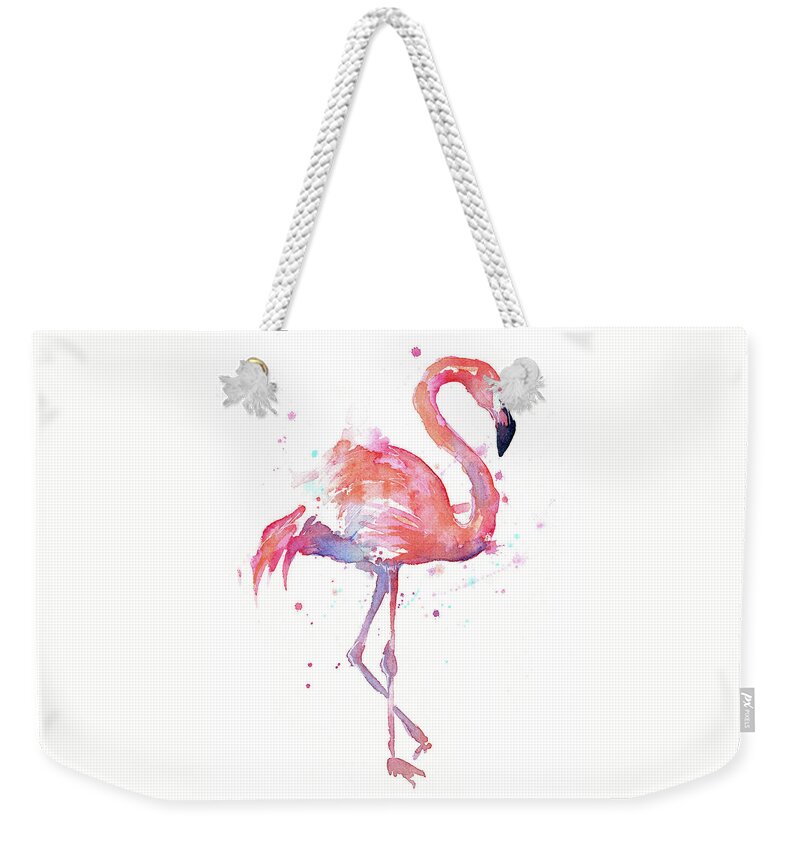 Flamingo Weekender Tote Bag featuring the painting Flamingo Watercolor Facing Right by Olga Shvartsur