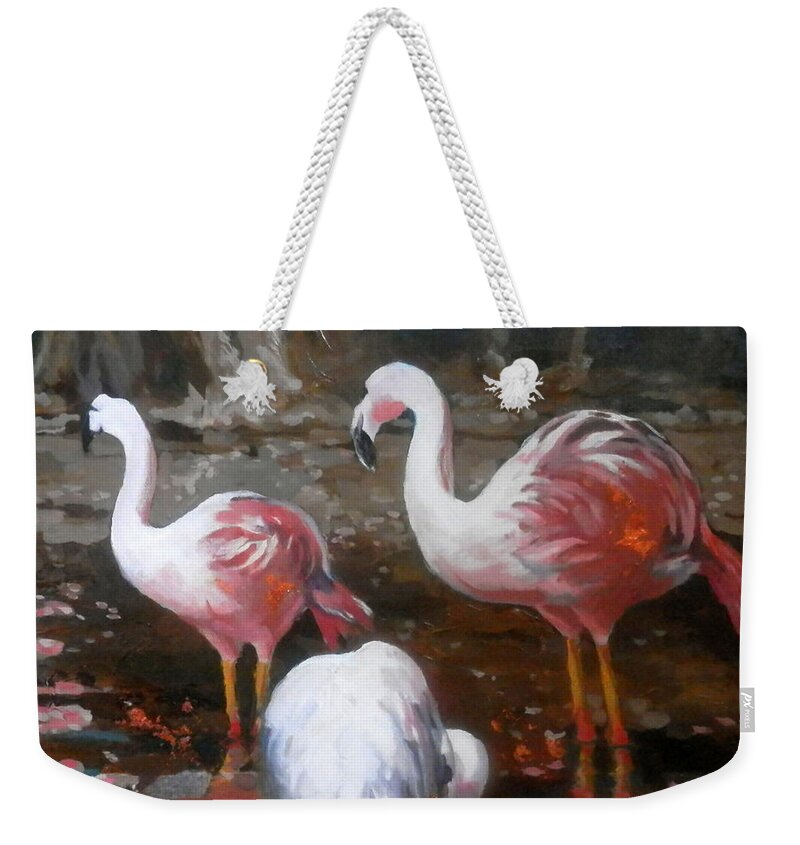 Flamingos Weekender Tote Bag featuring the painting Flamingos Atlanta Zoo by Martha Tisdale