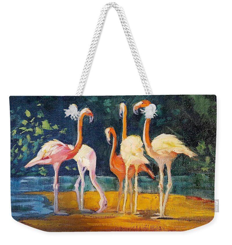 Flamingos Weekender Tote Bag featuring the painting Flamingos by Judy Fischer Walton