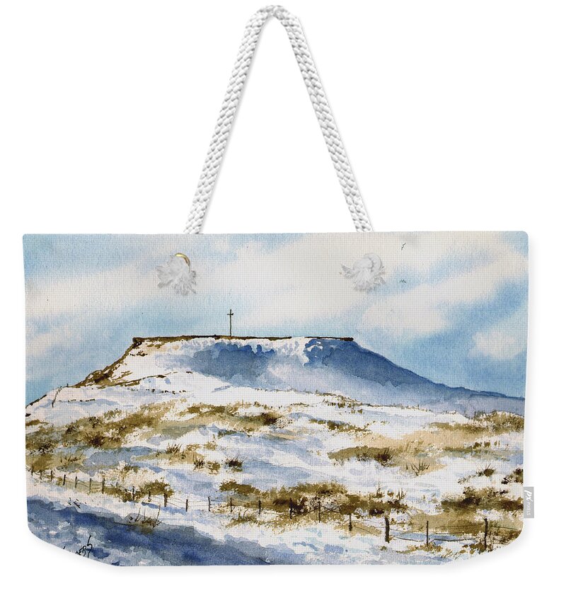 Snowl Weekender Tote Bag featuring the painting Flat Top in the Snow by Sam Sidders