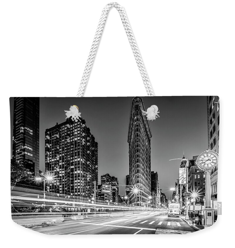 Flatiron Building Weekender Tote Bag featuring the photograph Flatiron 5th Ave Clock NYC BW by Susan Candelario