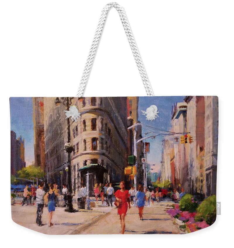 Landscape Weekender Tote Bag featuring the painting Flatiron Plaza, Summer Morning by Peter Salwen