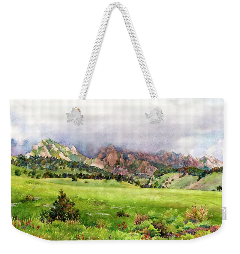 Flatirons Painting Weekender Tote Bag featuring the painting Flatirons Vista by Anne Gifford