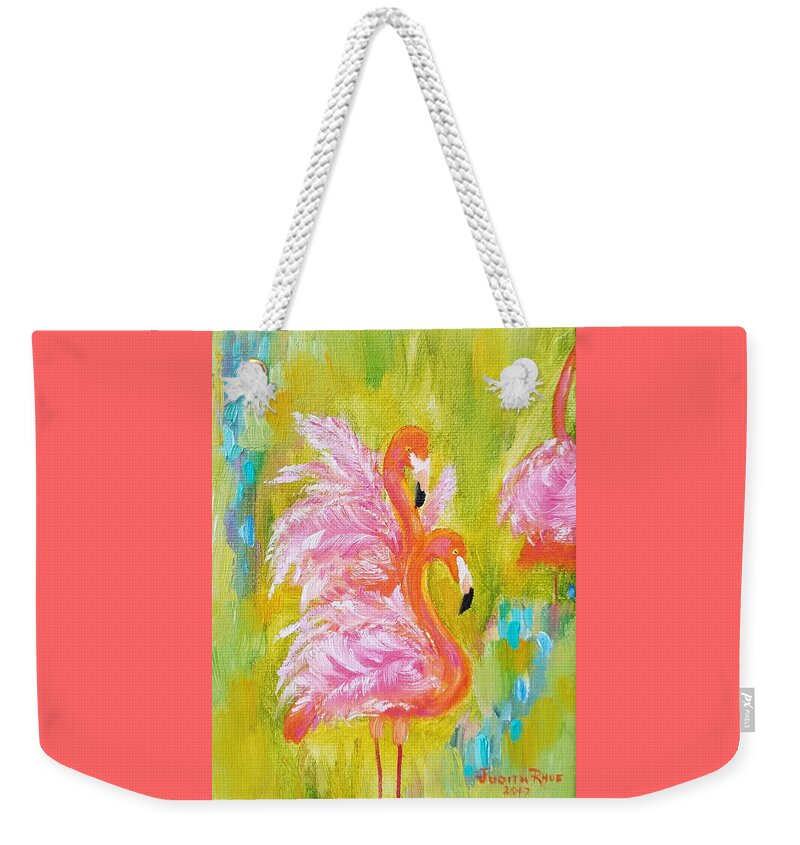 Flamingo Weekender Tote Bag featuring the painting Flaunting Feathers by Judith Rhue