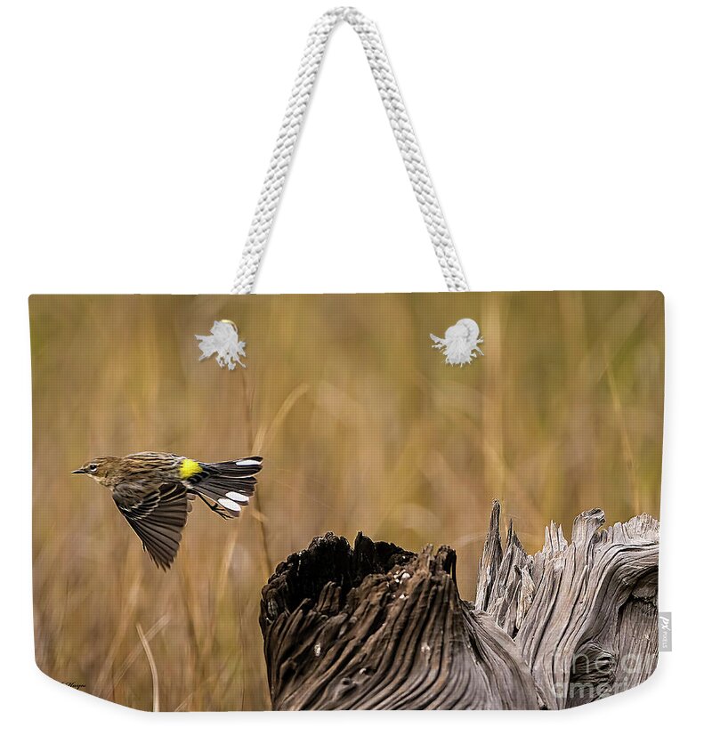 Warbler Weekender Tote Bag featuring the photograph Flight Of The Driftwood Butterbutt by DB Hayes