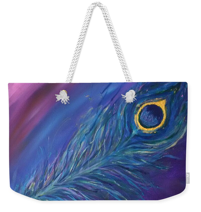 Peacock Weekender Tote Bag featuring the painting Floating Peacock Feather by Lynne McQueen