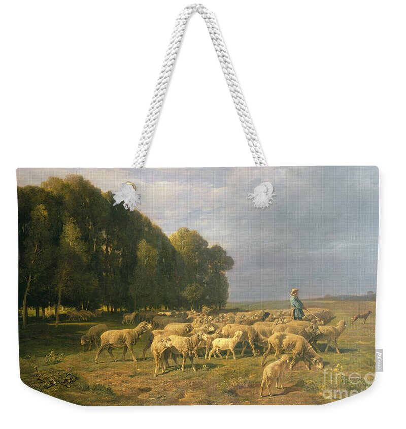 Flock Weekender Tote Bag featuring the painting Flock of Sheep in a Landscape by Charles Emile Jacque