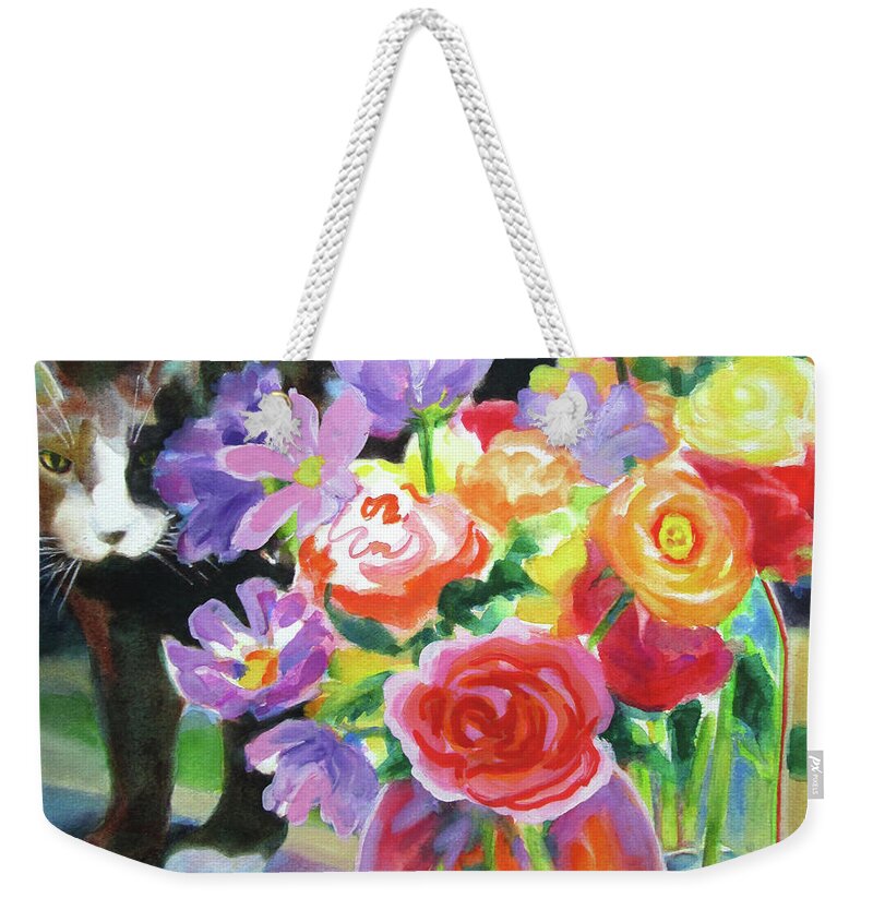 Paintings Weekender Tote Bag featuring the painting Floral Arrangement and Curious Cat by Kathy Braud