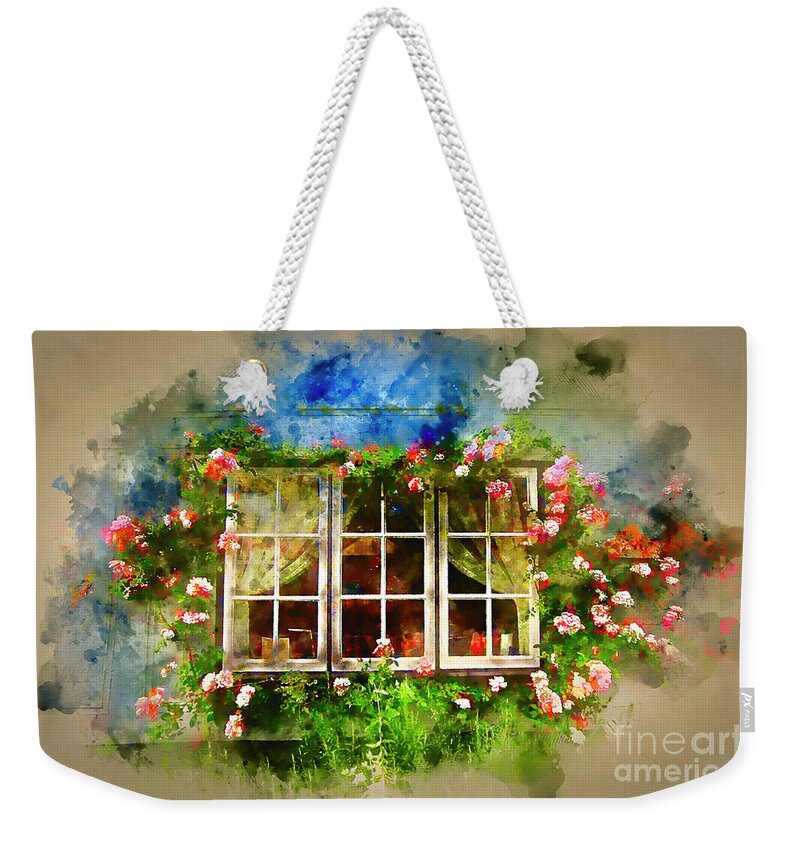 Digitally Painted Photograph Weekender Tote Bag featuring the photograph Floral Cottage Window by Jack Torcello