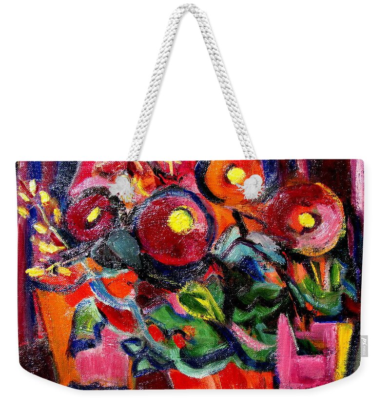 Bright Pink And Read And Orange Flowers And The Word Hola As A Greeting Weekender Tote Bag featuring the painting Floral Fiesta with Hola by Betty Pieper