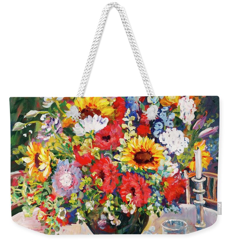 Flowers Weekender Tote Bag featuring the painting Floral Still Life with Candlestick by Ingrid Dohm