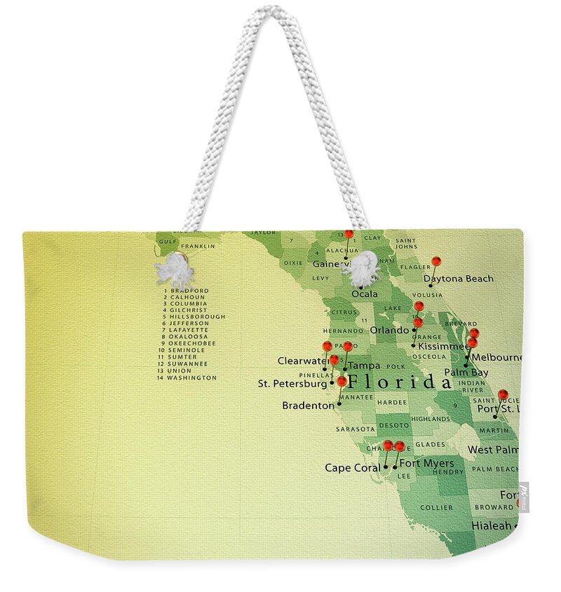 Cartography Weekender Tote Bag featuring the digital art Florida State Map Square Cities Straight Pin Vintage by Frank Ramspott