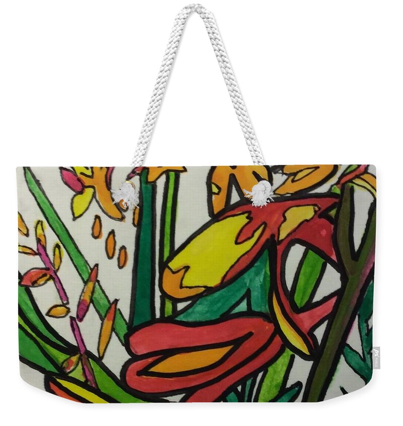 Flower Orange Green Yellow Weekender Tote Bag featuring the painting Flower Eight by Erika Jean Chamberlin