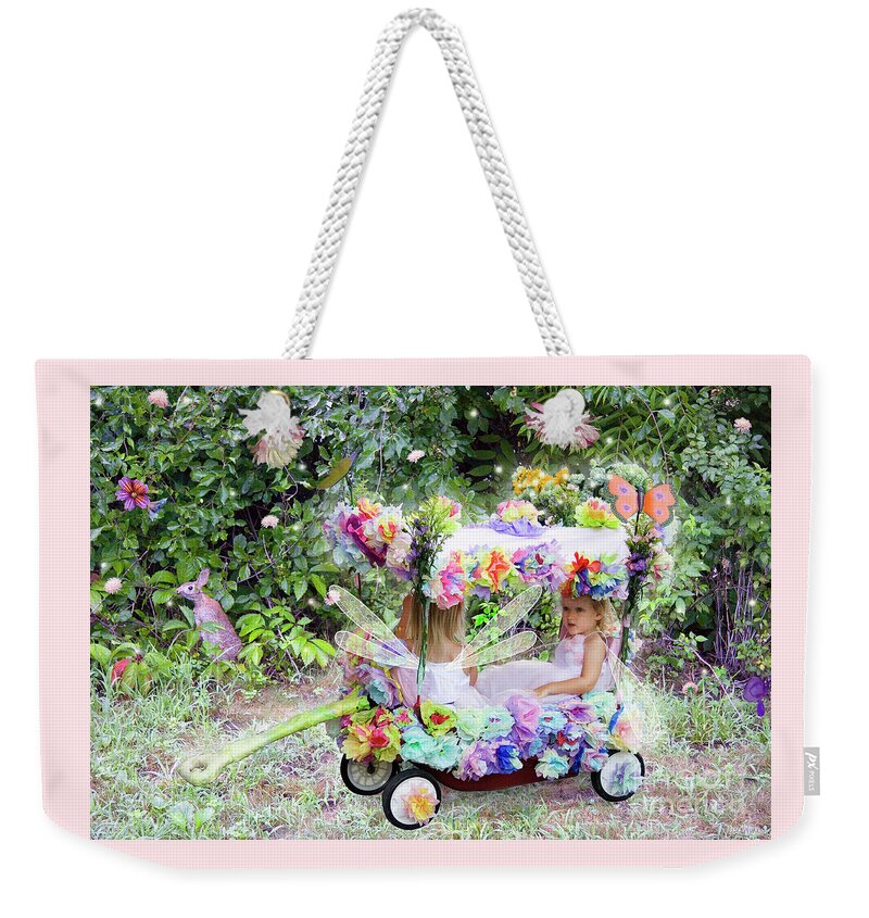 Lise Winne Weekender Tote Bag featuring the digital art Flower Fairies in a Flower Mobile by Lise Winne