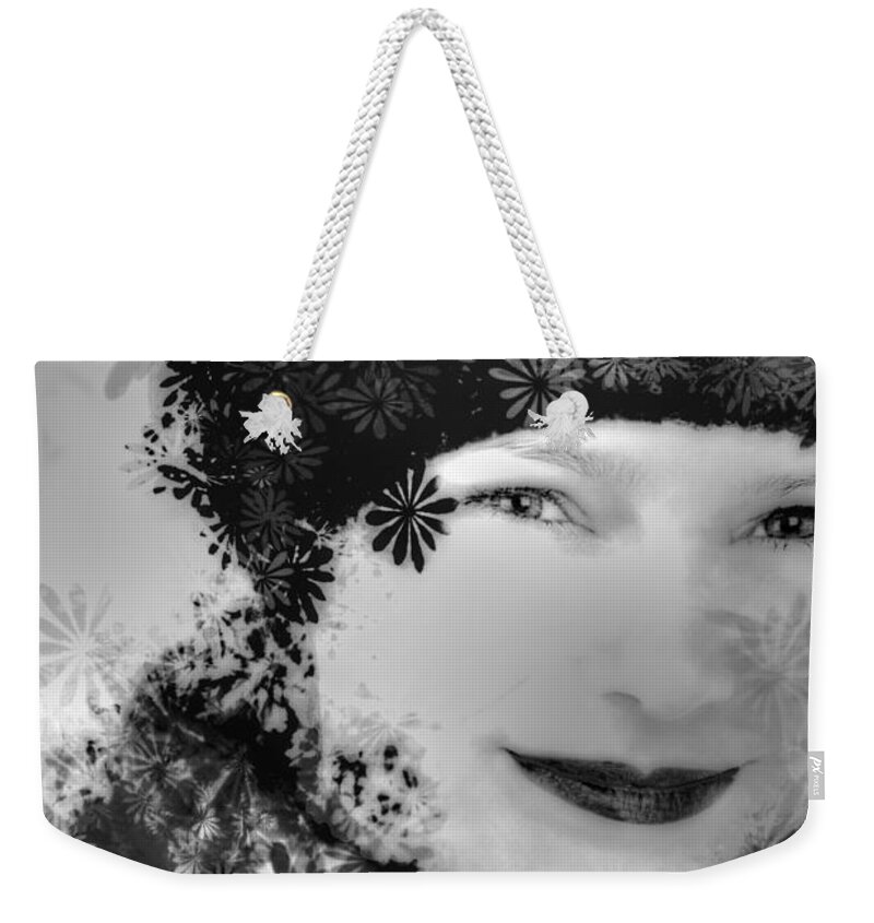 Girl Weekender Tote Bag featuring the digital art Flower Girl b/w by Pennie McCracken