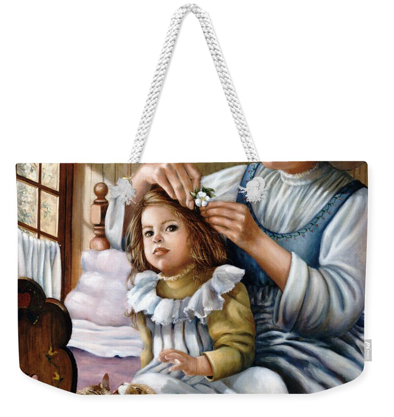 Children Weekender Tote Bag featuring the painting Flower in Her Hair by Marie Witte
