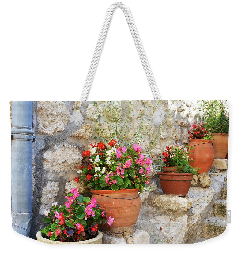 Flowers Weekender Tote Bag featuring the photograph Flower Pots in Les Baux by Carla Parris