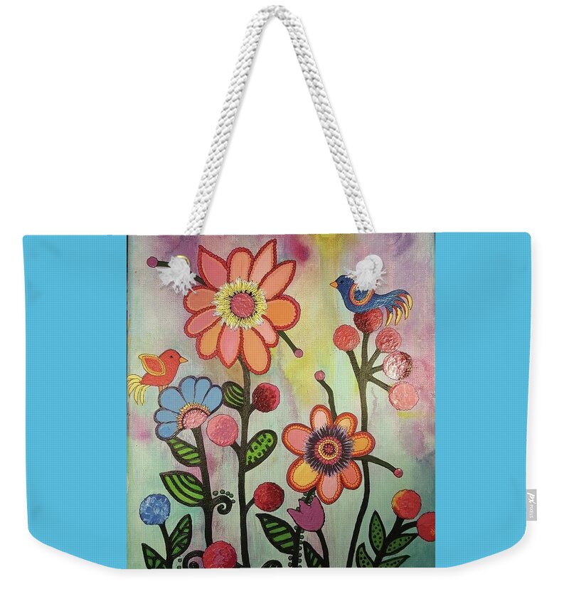 #acrylicinks #acrylicinksforsale #acrylicabstract #abstractpaintings #abstractflowers #paintingsforsale #popart #sugarplumtheband Weekender Tote Bag featuring the painting Flower Power by Cynthia Silverman