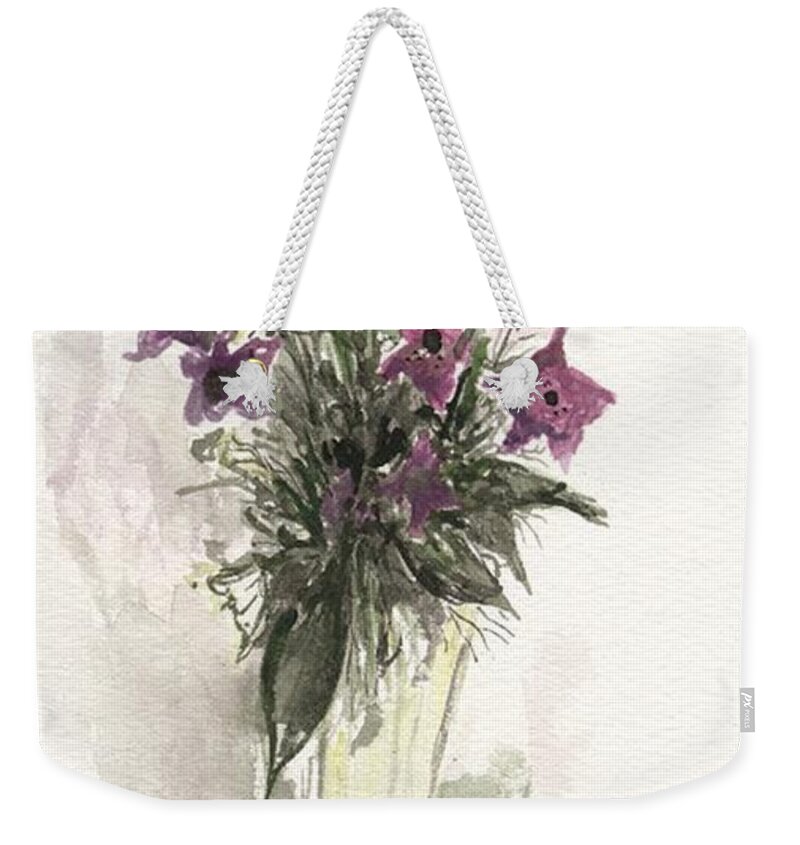 Purple Weekender Tote Bag featuring the painting Flower study fourteen by Darren Cannell