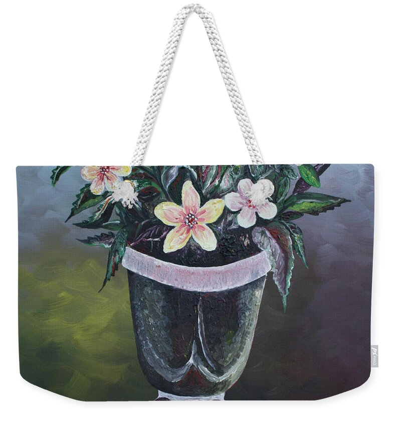 Flower Vase 2 Weekender Tote Bag featuring the painting Flower Vase 2 by Obi-Tabot Tabe
