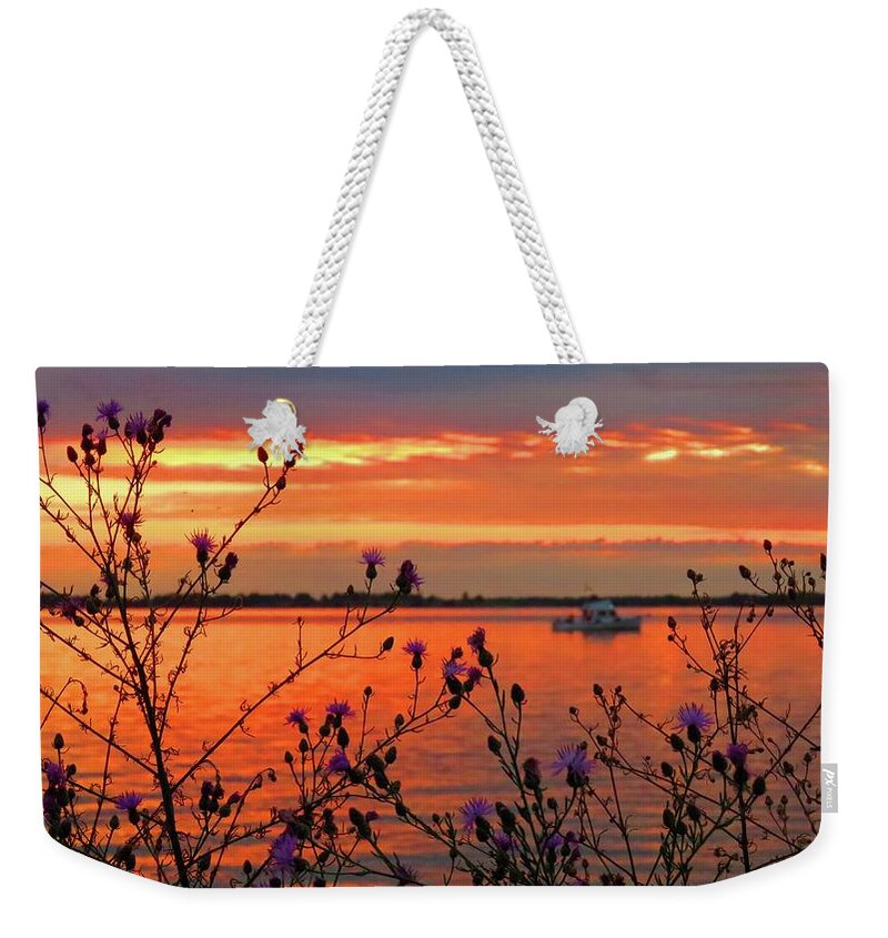Tibbetts Point Weekender Tote Bag featuring the photograph Flowers along the shore at Tibbetts Point by Dennis McCarthy