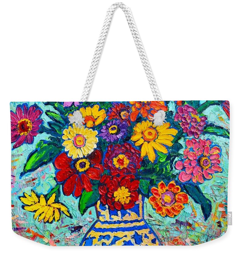 Flowers Weekender Tote Bag featuring the painting Flowers - Colorful Zinnias Bouquet by Ana Maria Edulescu