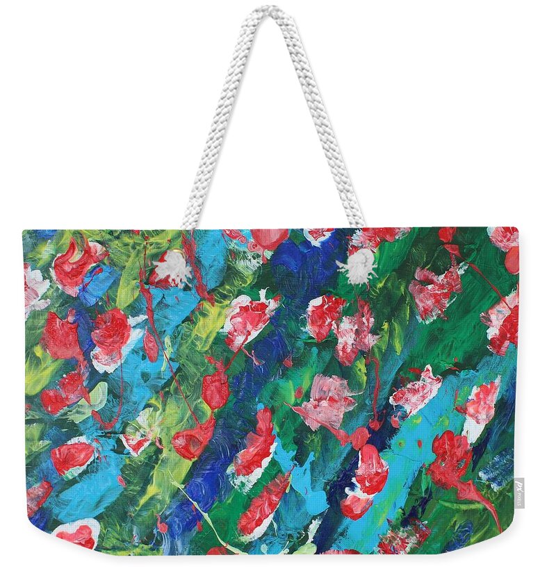 Flowers In The Sea   Bliss Contentment Delight Elation Enjoyment Euphoria Exhilaration Jubilation Laughter Optimism  Peace Of Mind Pleasure Prosperity Well-being Beatitude Blessedness Cheer Cheerfulness Content Weekender Tote Bag featuring the painting Poppies by Sarahleah Hankes