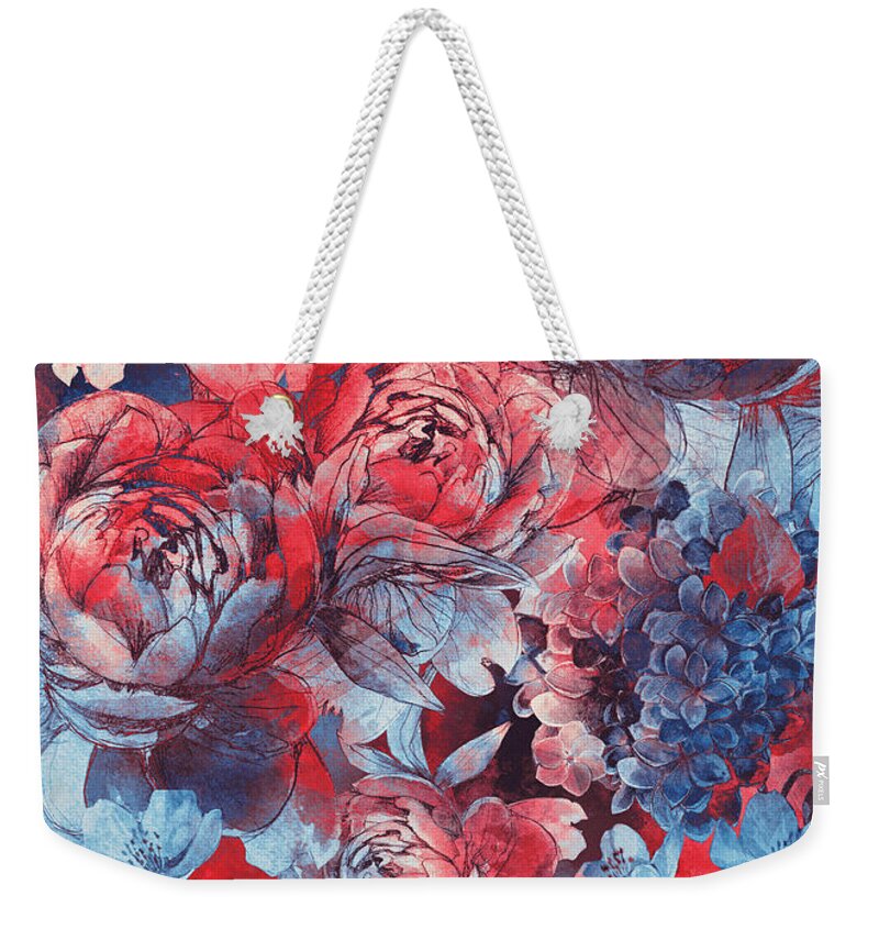 Flower Weekender Tote Bag featuring the digital art Flowers Red And Blue Pattern by Justyna Jaszke JBJart