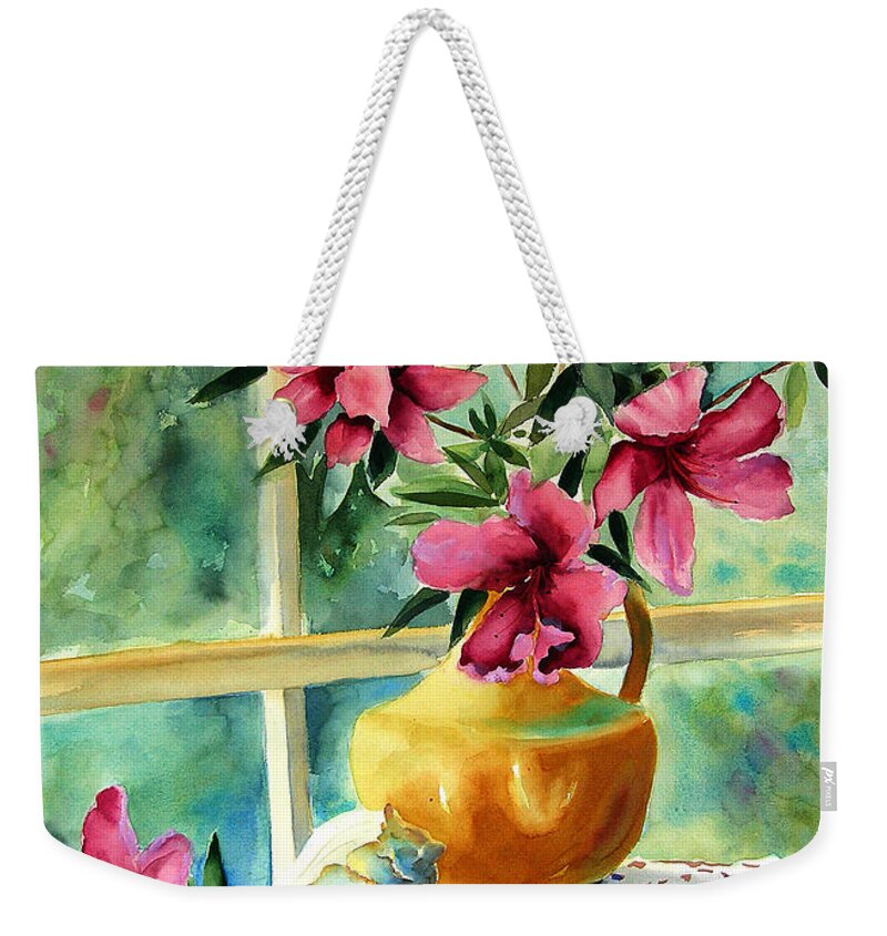 Original Watercolors Weekender Tote Bag featuring the painting Flowers shells and lace by Julianne Felton