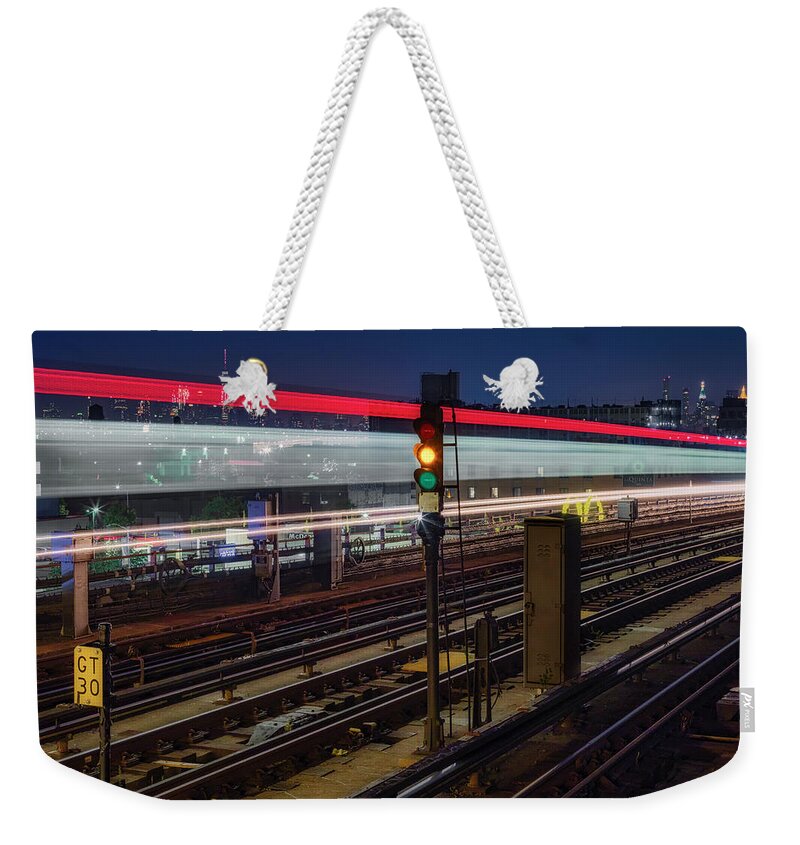 Nyc Subway Weekender Tote Bag featuring the photograph Flushing 7 Train and NYC Skyline by Susan Candelario