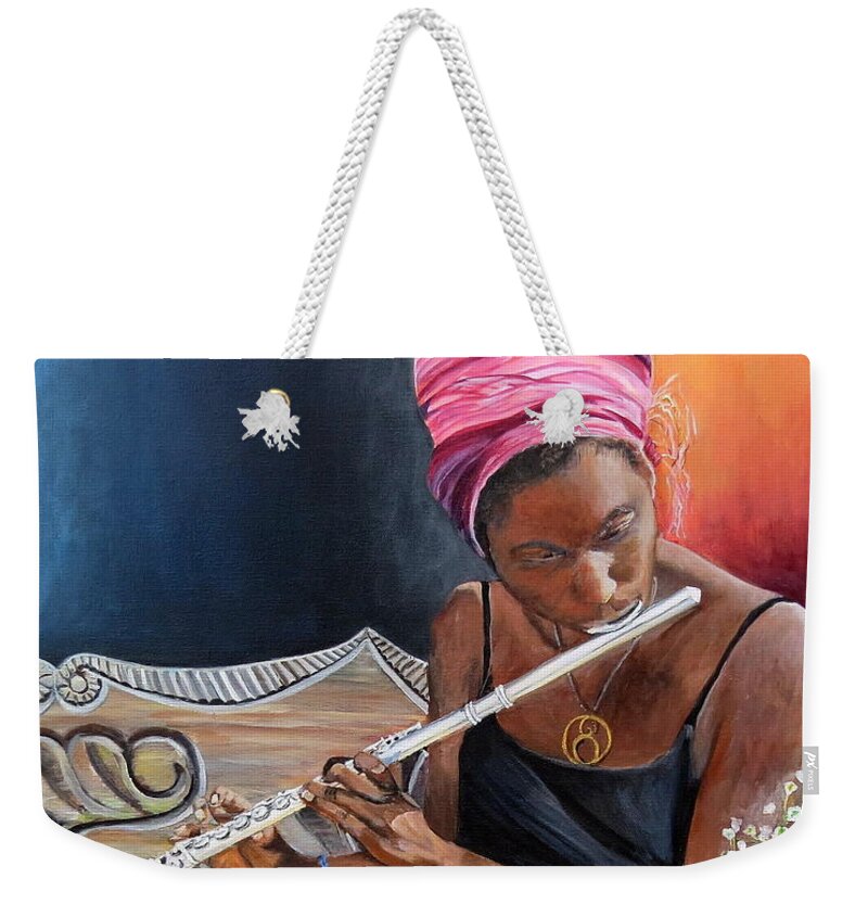 San Juan Weekender Tote Bag featuring the painting Flute Player by Marilyn McNish