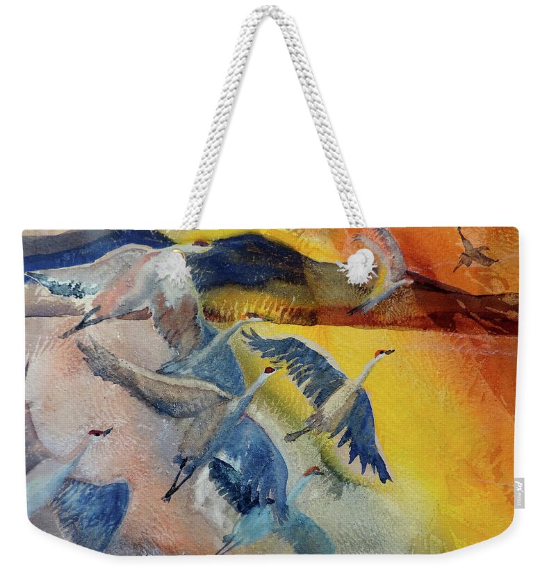 Cranes Weekender Tote Bag featuring the painting Fly Out by Mary Gorman