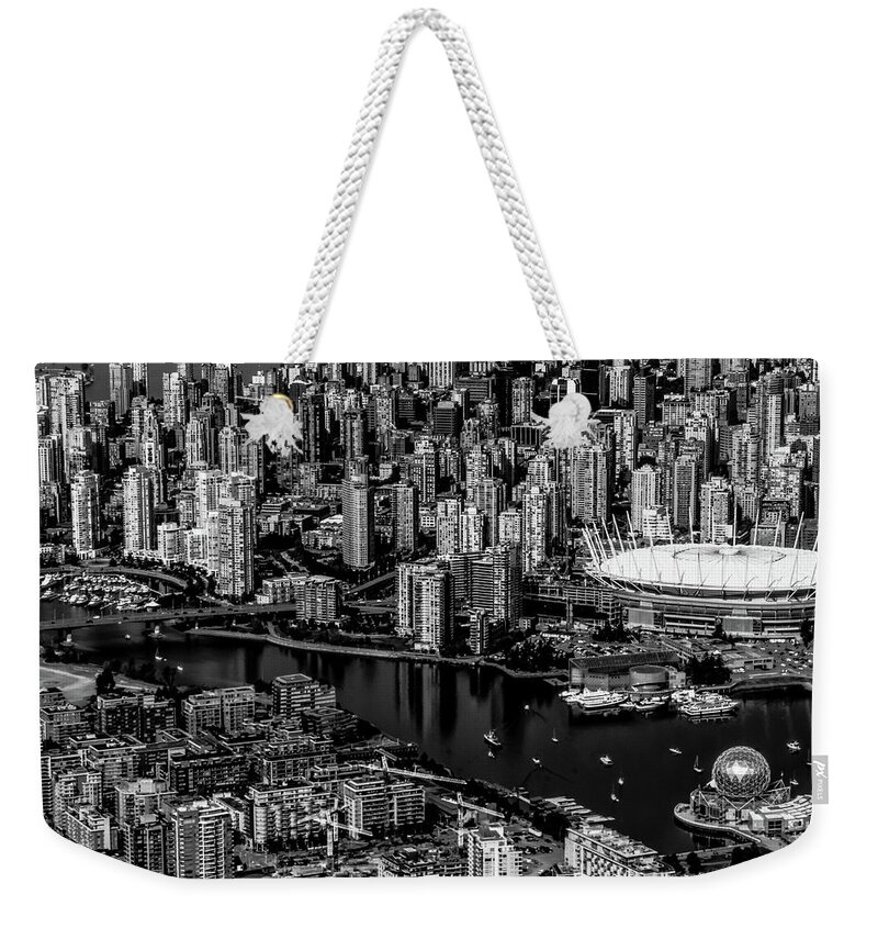 Canada Weekender Tote Bag featuring the photograph Fly over Vancouver Black and White by Michael Hope