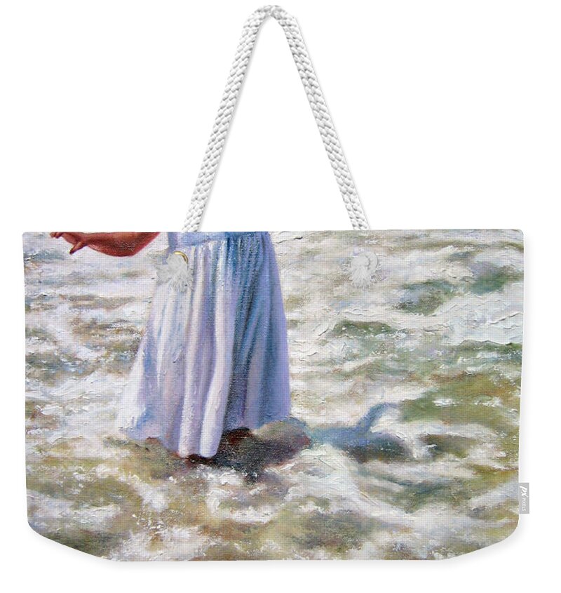 Children At Beach Weekender Tote Bag featuring the painting Flying in the Surf by Marie Witte
