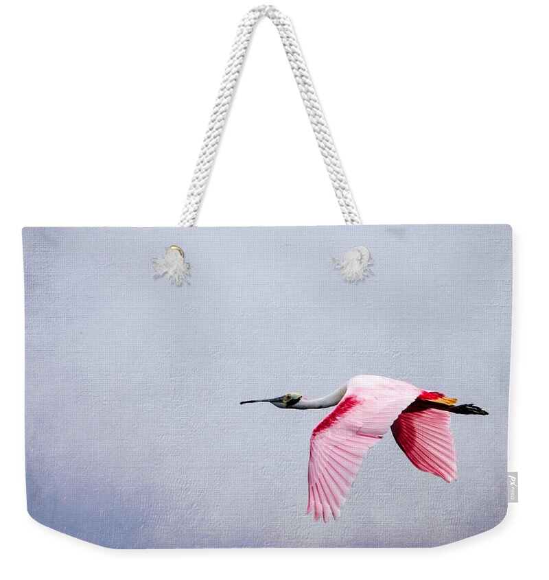 Spoonbill Weekender Tote Bag featuring the photograph Flying Pretty Roseate Spoonbill by Debra Martz