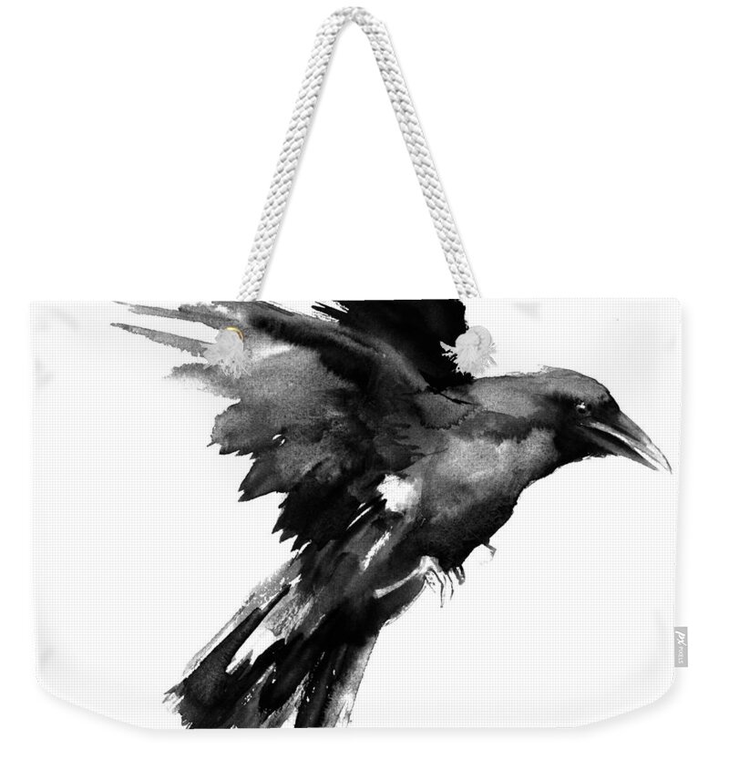 Raven Weekender Tote Bag featuring the painting Flying Raven by Suren Nersisyan
