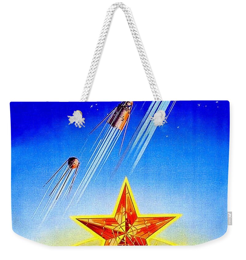 Flying Weekender Tote Bag featuring the painting Flying space rockets and satellites from USSR, Soviet propaganda poster by Long Shot