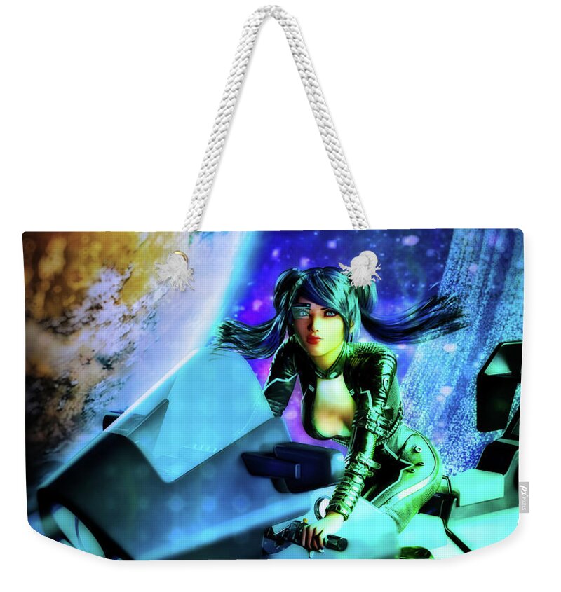 Sci-fi Weekender Tote Bag featuring the digital art Flying Through Galaxies by Alicia Hollinger