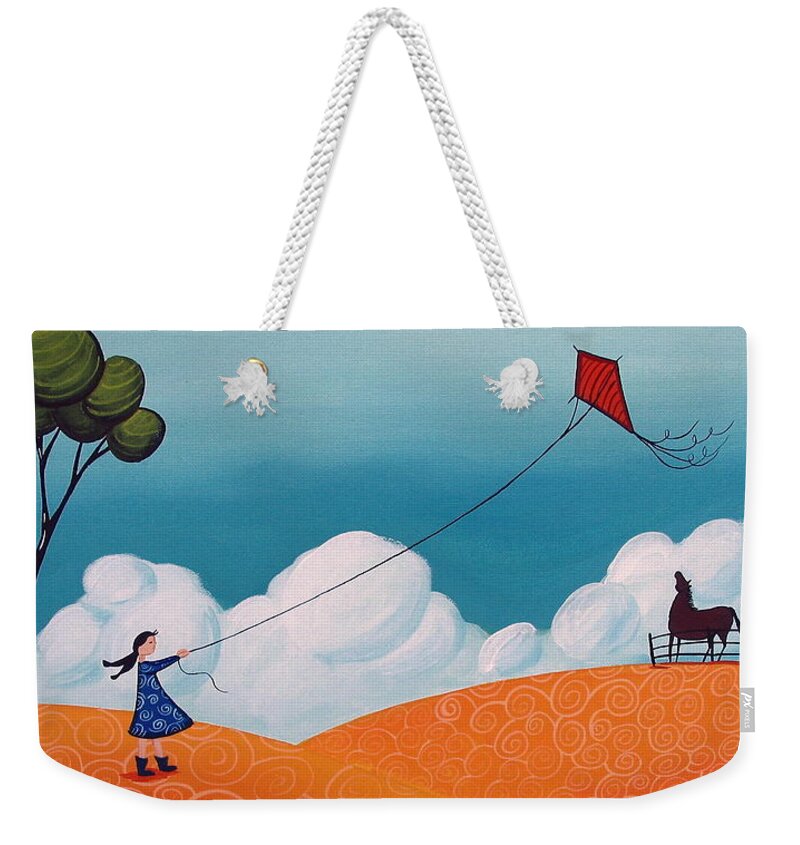 Art Weekender Tote Bag featuring the painting Flying With Becky - whimsical landscape by Debbie Criswell