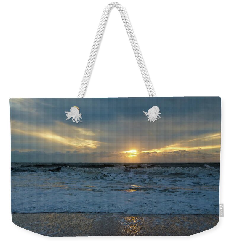 Sunset Weekender Tote Bag featuring the photograph Foamy Seascape at Sunset on Barefoot Beach by Artful Imagery