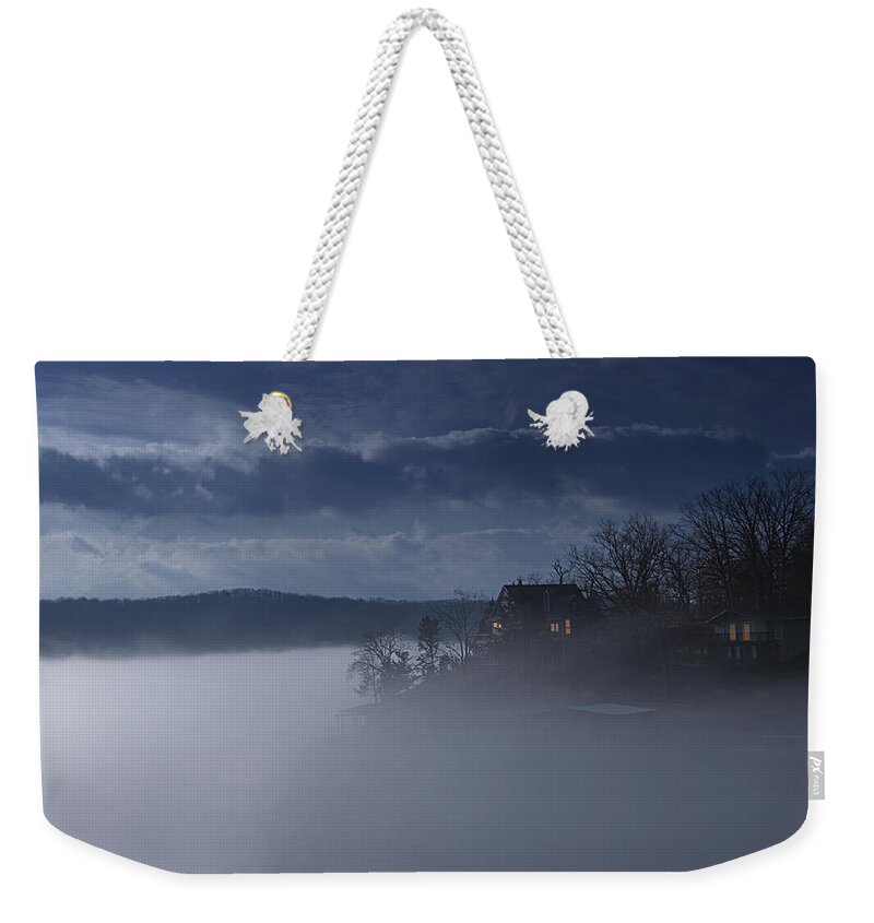 Lake Weekender Tote Bag featuring the photograph Fog on the Lake - Dawn at the Lake of the Ozarks, Missouri by Mitch Spence
