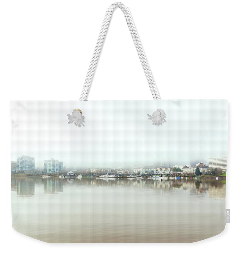 Portland Weekender Tote Bag featuring the photograph Foggy Day on Portland Downtown Waterfront by David Gn