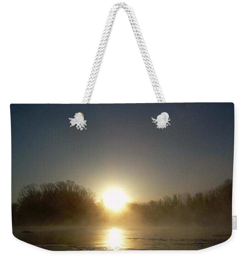 Mississippi River Weekender Tote Bag featuring the photograph Foggy Mississippi river Sunrise by Kent Lorentzen