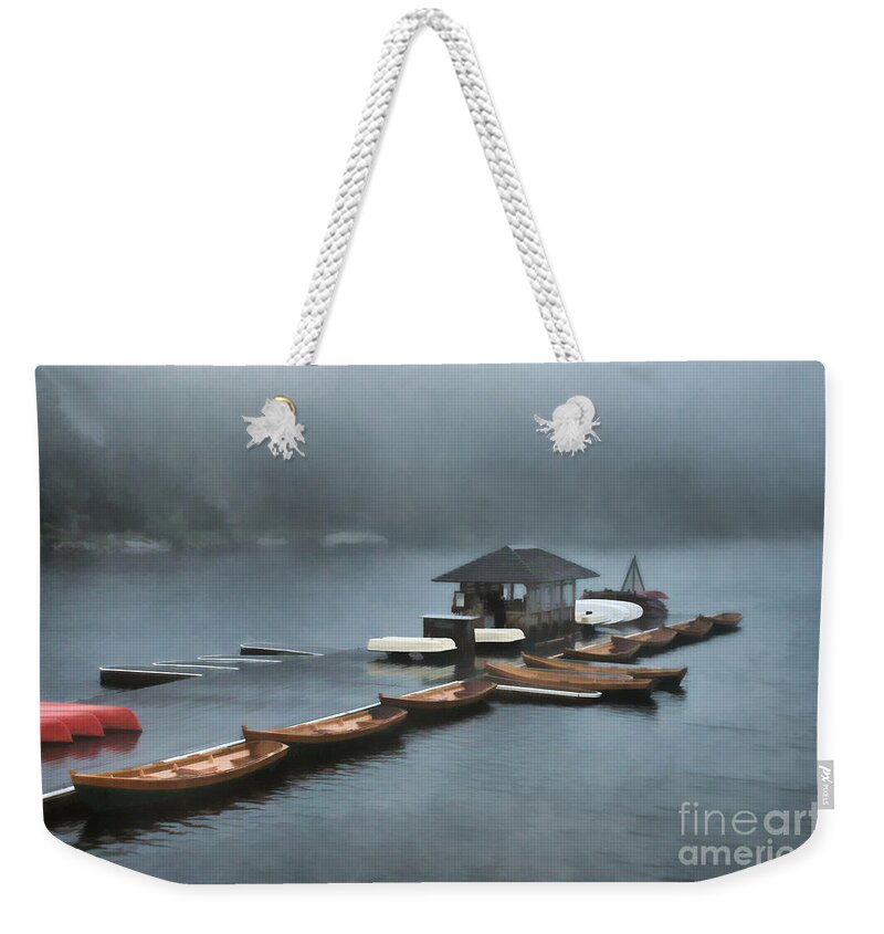 Lake Weekender Tote Bag featuring the painting Foggy Morning At The Lake by Judy Palkimas