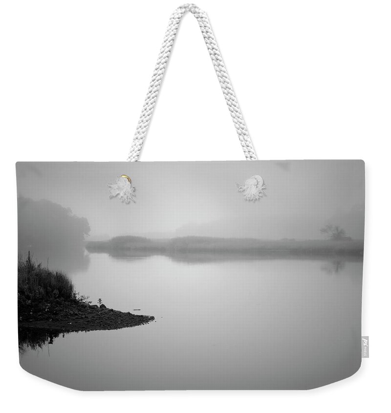 Taunton Weekender Tote Bag featuring the photograph Foggy Morning Taunton River BW by David Gordon