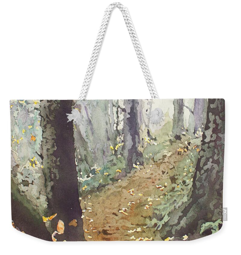 Oregon Weekender Tote Bag featuring the painting Foggy Path by Jenny Armitage